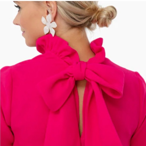 Tuckernuck Pomander Place Faye Fuchsia Pink Crepe Ruffled Neck Bow Top - XS - Picture 2 of 14